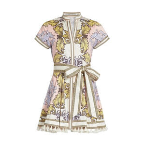 Alice + Olivia Pastel Pink & Gold Baroque Tie-Waist Mini Dress